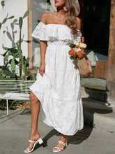 Load image into Gallery viewer, Tiered Ruffle Maxi Dress, Off the Shoulder Maxi Dress, Lace Maxi Dress Boho, floral tiered maxi dress, maxi dress off the shoulder, Long Maxi Dress, Bohemian Maxi Dress, lace off the shoulder maxi dress, tiered dress maxi, cold shoulder maxi dress, Off the shoulder maxi dress casual, off the shoulder maxi, plus size off the shoulder maxi dresses, pink tiered maxi dress, white lace maxi dress, cold shoulder maxi dress, lace maxi dress.