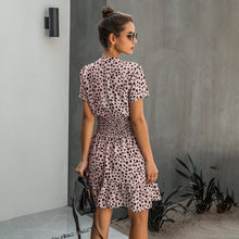 Load image into Gallery viewer, Leopard print ruffle dress, Summer Dresses, Ruffle smock dress, Smock dress, cute short casual dresses, leopard print button dress, ruffle hem dress, Ruffle Tiered dress, Tiered Smock Dress, frill frock, casual Friday outfits, 80's casual wear, cute converse outfits, cute dressy, casual summer dresses, Hilton ruffled dress, pink leopard print dress, pink leopard print.