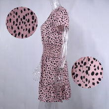 Load image into Gallery viewer, Leopard print ruffle dress, Summer Dresses, Ruffle smock dress, Smock dress, cute short casual dresses, leopard print button dress, ruffle hem dress, Ruffle Tiered dress, Tiered Smock Dress, frill frock, casual Friday outfits, 80's casual wear, cute converse outfits, cute dressy, casual summer dresses, Hilton ruffled dress, pink leopard print dress, pink leopard print.