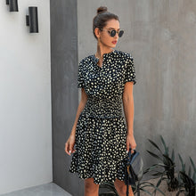 Load image into Gallery viewer, Leopard print ruffle dress, Summer Dresses, Ruffle smock dress, Smock dress, cute short casual dresses, leopard print button dress, ruffle hem dress, Ruffle Tiered dress, Tiered Smock Dress, frill frock, casual Friday outfits, 80's casual wear, cute converse outfits, cute dressy, casual summer dresses, Hilton ruffled dress, black ruffle dress, green leopard print dress, plus size ruffle dress, plus size cute dress.