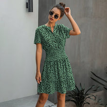 Load image into Gallery viewer, Leopard print ruffle dress, Summer Dresses, Ruffle smock dress, Smock dress, cute short casual dresses, leopard print button dress, ruffle hem dress, Ruffle Tiered dress, Tiered Smock Dress, frill frock, casual Friday outfits, 80's casual wear, cute converse outfits, cute dressy, casual summer dresses, Hilton ruffled dress, green leopard print , green leopard print dress, plus size ruffle dress, plus size cute dress.