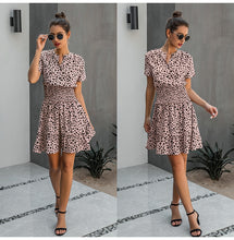 Load image into Gallery viewer, cheetah print dress,Leopard print ruffle dress, Summer Dresses, Ruffle smock dress, Smock dress, cute short casual dresses, leopard print button dress, ruffle hem dress, Ruffle Tiered dress, Tiered Smock Dress, frill frock, casual Friday outfits, 80's casual wear, cute converse outfits, cute dressy, casual summer dresses, Hilton ruffled dress, pink leopard print dress, pink leopard print.