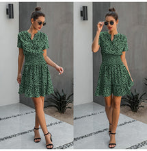 Load image into Gallery viewer, cheetah print ruffle dress, Leopard print ruffle dress, Summer Dresses, Ruffle smock dress, Smock dress, cute short casual dresses, leopard print button dress, ruffle hem dress, Ruffle Tiered dress, Tiered Smock Dress, frill frock, casual Friday outfits, 80's casual wear, cute converse outfits, cute dressy, casual summer dresses, Hilton ruffled dress, green leopard print , green leopard print dress, plus size ruffle dress, plus size cute dress.