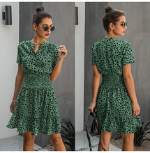 Load image into Gallery viewer, Leopard print ruffle dress, Summer Dresses, Ruffle smock dress, Smock dress, cute short casual dresses, leopard print button dress, ruffle hem dress, Ruffle Tiered dress, Tiered Smock Dress, frill frock, casual Friday outfits, 80's casual wear, cute converse outfits, cute dressy, casual summer dresses, Hilton ruffled dress, green leopard print , green leopard print dress, plus size ruffle dress, plus size cute dress.