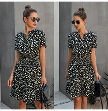 Load image into Gallery viewer, Leopard print ruffle dress, Summer Dresses, Ruffle smock dress, Smock dress, cute short casual dresses, leopard print button dress, ruffle hem dress, Ruffle Tiered dress, Tiered Smock Dress, frill frock, casual Friday outfits, 80's casual wear, cute converse outfits, cute dressy, casual summer dresses, Hilton ruffled dress, black ruffle dress, green leopard print dress, plus size ruffle dress, plus size cute dress.