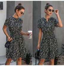 Load image into Gallery viewer, Leopard print ruffle dress, Summer Dresses, Ruffle smock dress, Smock dress, cute short casual dresses, leopard print button dress, ruffle hem dress, Ruffle Tiered dress, Tiered Smock Dress, frill frock, casual Friday outfits, 80's casual wear, cute converse outfits, cute dressy, casual summer dresses, Hilton ruffled dress, black ruffle dress, green leopard print dress, plus size ruffle dress, plus size cute dress.