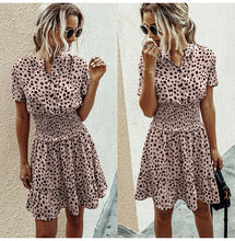 Load image into Gallery viewer, Leopard print ruffle dress, Summer Dresses, Ruffle smock dress, Smock dress, cute short casual dresses, leopard print button dress, ruffle hem dress, Ruffle Tiered dress, Tiered Smock Dress, frill frock, casual Friday outfits, 80's casual wear, cute converse outfits, cute dressy, casual summer dresses, Hilton ruffled dress, pink leopard print dress, pink leopard print, plus size ruffle dress.