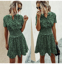 Load image into Gallery viewer, Leopard print ruffle dress, Summer Dresses, Ruffle smock dress, Smock dress, cute short casual dresses, leopard print button dress, ruffle hem dress, Ruffle Tiered dress, Tiered Smock Dress, frill frock, casual Friday outfits, 80's casual wear, cute converse outfits, cute dressy, casual summer dresses, Hilton ruffled dress, green leopard print , green leopard print dress, plus size ruffle dress, plus size cute dress.