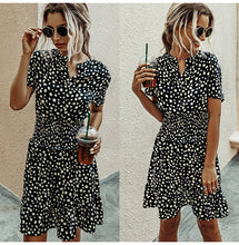 Load image into Gallery viewer, Leopard print ruffle dress, Summer Dresses, Ruffle smock dress, Smock dress, cute short casual dresses, leopard print button dress, ruffle hem dress, Ruffle Tiered dress, Tiered Smock Dress, frill frock, casual Friday outfits, 80's casual wear, cute converse outfits, cute dressy, casual summer dresses, Hilton ruffled dress, black ruffle dress, green leopard print dress, plus size ruffle dress, plus size cute dress, cheetah print ruffle dress.