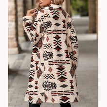 Load image into Gallery viewer, Aztec print women's long line coat, Long Overcoat,  Women's outerwear, women's overcoat, women's coats & jackets, long parka coat, trench coat women, womens winter clothing, womens dressy winter coats, women's plus size coats, plus size parka coat, plus size parka, womens outdoor coat, womens long parka coat, black friday coat sale.
