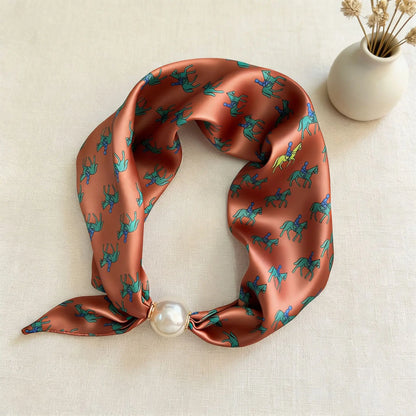 Elegant printed faux silk scarf with a magnetic pearl clasp, ideal for French-inspired outfits, old money styling, Pinterest fashion inspiration, and elevated everyday accessorizing.