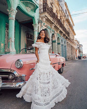 Load image into Gallery viewer, Summer Women Clothing off-Shoulder Ruffled Hollow Out Cutout Wide Hem Lace Dress
