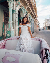 Load image into Gallery viewer, Summer Women Clothing off-Shoulder Ruffled Hollow Out Cutout Wide Hem Lace Dress