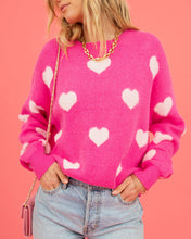 Load image into Gallery viewer, womens pink jumper, sweater top, holiday sweater, colorblock sweater, heart print sweater.