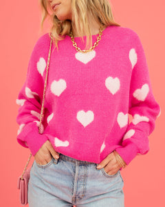 womens pink jumper, sweater top, holiday sweater, colorblock sweater, heart print sweater.