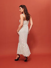 Load image into Gallery viewer, Black and White Polka Dot Dress, polka dot midi dress, mermaid dress, Ruffle Midi Dress, Bodycon Dress, lace dress, lace bodycon dress, Polka dot summer dress, white sundress, sleeveless polka dot dress, polka dots, Summer sundress, Ruffle Maxi Dress, Bodycon Lace Dress, Ruffle hem dress