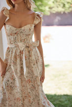 Load image into Gallery viewer, floral laceup midi sundress, Floral Midi Dress, Midi Sundress, White floral Dress, Corset Dress, Midi Sling Dress, corset midi dress, long white dress, floral corset dress, Flowy midi Sundress, graduation dress, boho floral dress, Summer Plunging neck Dress, white floral corset dress, backless midi sundress, wedding guest dress, prom and dance dress.