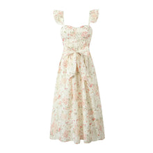 Load image into Gallery viewer, floral laceup midi sundress, Floral Midi Dress, Midi Sundress, White floral Dress, Corset Dress, Midi Sling Dress, corset midi dress, long white dress, floral corset dress, Flowy midi Sundress, boho floral dress, Summer Plunging neck Dress, white floral corset dress, backless midi sundress, summer floral backless dress, Summer Backless Midi Dress, Laceup Dress.