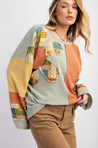 Patch me Up Waffle Colorblock Sweater top | Women's Crew neck sweatshirt | Oversized Patchwork Top