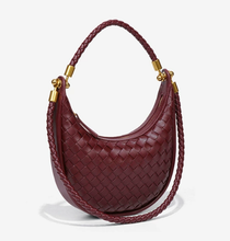 Load image into Gallery viewer, faux leather saddle bag, hobo shoulder bag, woven crescent bag purse, woven saddle bag , woven leather hobo bag , straw crescent crossbody bag or purse,  hobo purses.