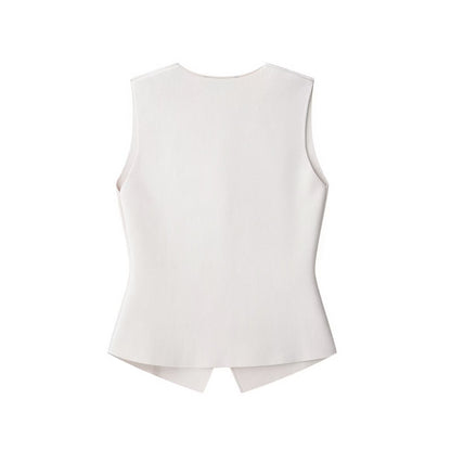 Minimal Muse White Tailored Vest-Women’s Sleeveless Buttoned Waistcoat with Gold Buttons | Business Casual Office Outfit