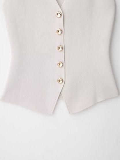 Minimal Muse White Tailored Vest-Women’s Sleeveless Buttoned Waistcoat with Gold Buttons | Business Casual Office Outfit