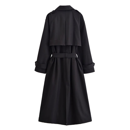 Maxim Long Black Oversized Trench Coat – Double Breasted, Belted Waist, Chic Layering Coat, Old money Outfit