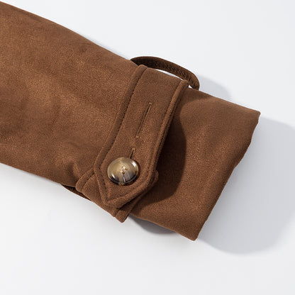 Freya Camel Brown Suede Trench Coat for Women – Belted Double-Breasted Long line Coat | Quiet Luxury overcoat