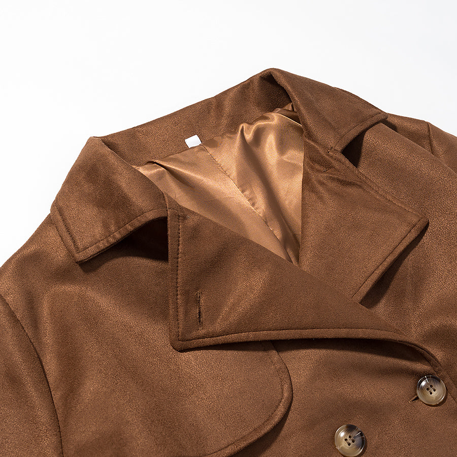Freya Camel Brown Suede Trench Coat for Women – Belted Double-Breasted Long line Coat | Quiet Luxury overcoat