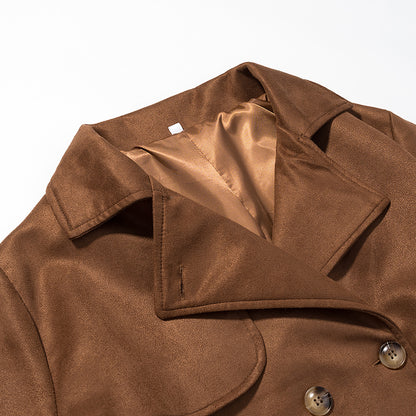Freya Camel Brown Suede Trench Coat for Women – Belted Double-Breasted Long line Coat | Quiet Luxury overcoat