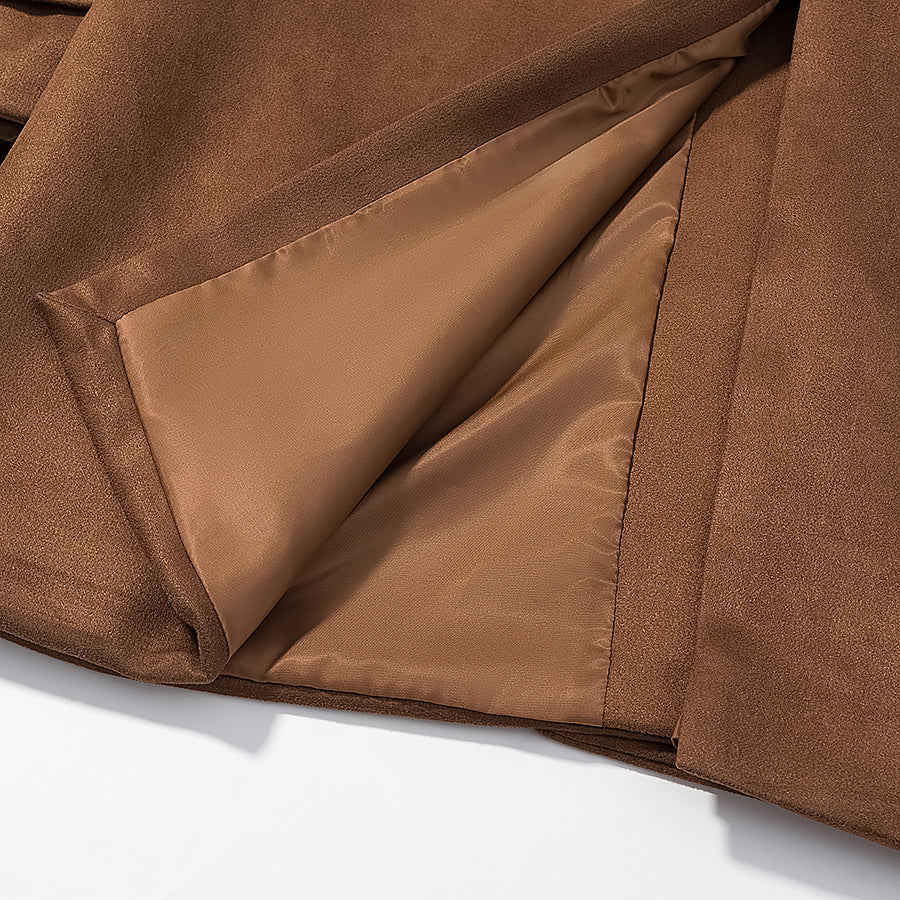 Freya Camel Brown Suede Trench Coat for Women – Belted Double-Breasted Long line Coat | Quiet Luxury overcoat