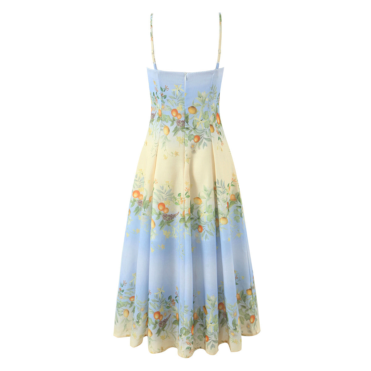 Botanical corset midi dress with a sweetheart neckline, blue-to-ivory ombré floral print, structured bodice, and flowing fit-and-flare midi skirt.