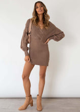 Load image into Gallery viewer, Sweater Dress, Short sweater dress, Bodycon Sweater Dress, Mini Sweater Dress, Spring Sweater Dress, Cable Knit Bodycon Dress, cute new years eve outfits, plunging v neck dress, sweater tops for women, cable knit jumper womens, brown knitted jumper, holiday sweaters womens, light brown cable knit jumper, skin pink v neck jumper for women, womens jumper dress, off shoulder sweater dress.