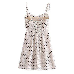 Spring Women Polka Dot Printed Waist-Controlled Tied Spaghetti-Strap Dress