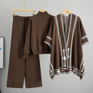 knitted poncho with geometric detail, Mock neck sweater and wide-leg knit pants with poncho  3 piece knit set for women, knit co-ord set women, ideal for airport lounge or vacation outfit, The All-Day Knit Set, co-ord knit set, layered winter fashion.