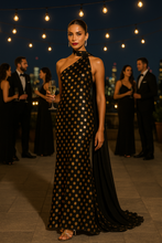 Load image into Gallery viewer, Gold Sass Black Chiffon Polka Dot Halter Maxi Dress – Open Back, Gold Accents, Wedding Guest Dress &amp; Cocktail Party Gown