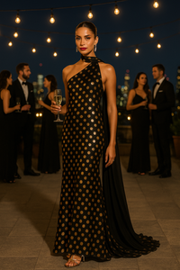 Gold Sass Black Chiffon Polka Dot Halter Maxi Dress – Open Back, Gold Accents, Wedding Guest Dress & Cocktail Party Gown