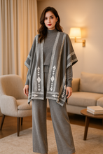 Load image into Gallery viewer, Cozy Luxe 3-Piece Knit Co-ord Set for Women Wide Leg Pants, Mock Neck Sweater &amp; Patterned Poncho | Neutral Loungewear for Chic Winter Layering.