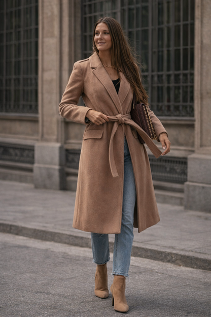 Élan Women’s Wool Blend Wrap Coat with Tie Waist | Belted Mid-Calf Workwear Overcoat for Fall & Winter
