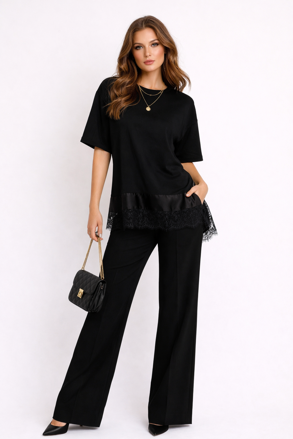 Celina Layered Lace Hem Top – Oversized Faux Layered T Shirt for Women