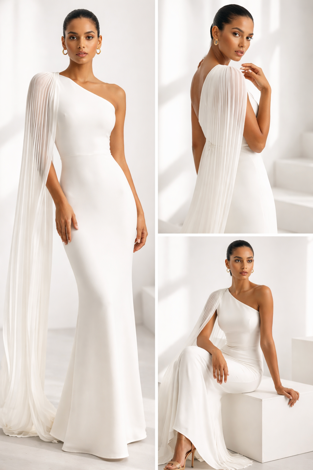 Asymmetrical One Shoulder Pleated Cape Sleeve Evening Gown | Prom & Wedding Guest Evening Dress