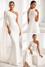 Load image into Gallery viewer, Asymmetrical One Shoulder Pleated Cape Sleeve Evening Gown | Prom &amp; Wedding Guest Evening Dress