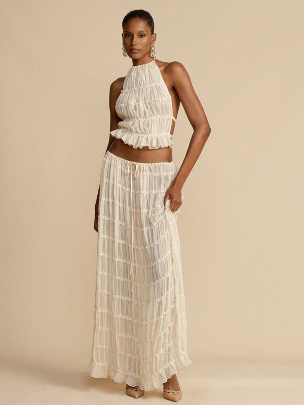 Ruffle Me Not Two Piece Skirt Set| Backless Ruffle Crop Top| Two Piece Maxi Dress| Coord Sets Women White / L Ruffle Me Not Two Piece Skirt Set| Backless Ruffle Crop Top| Two Piece Maxi Dress| Coord Sets Women White / L