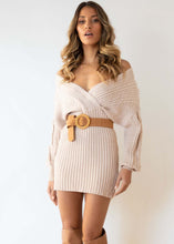 Load image into Gallery viewer, Sweater Dress, Short sweater dress, Bodycon Sweater Dress, Mini Sweater Dress, Spring Sweater Dress, Cable Knit Bodycon Dress, cute new years eve outfits, plunging v neck dress, sweater tops for women, cable knit jumper womens, pink knitted jumper, holiday sweaters womens, light pink cable knit jumper, skin pink v neck jumper for women, womens jumper dress, off shoulder dress.