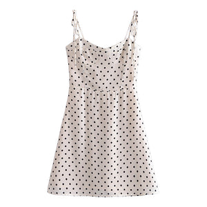 Spring Women Polka Dot Printed Waist-Controlled Tied Spaghetti-Strap Dress
