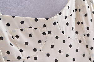Spring Women Polka Dot Printed Waist-Controlled Tied Spaghetti-Strap Dress