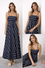 Load image into Gallery viewer, empire waist striped maxi dress, summer flare maxi striped dress, fit and flare maxi dress, flowy maxi dress, long maxi dress, summer sundress, long dresses for women, maxi dresses for women, Best summer dresses for women US, long summer dresses, boho maxi dress, island dress, boho  beach dress, fitted bodice flowing skirt maxi dress.