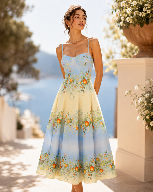 A structured corset midi dress features a sky blue to ivory ombré print, shaped cups and a flowing skirt, fitting the citrus print sweetheart midi dress.
Botanical print dress with delicate citrus fruit, leafy vines and a sweetheart bodice, designed as a fit flare garden party midi dress with the fresh botanical print 2026 aesthetic for romantic outdoor occasions.