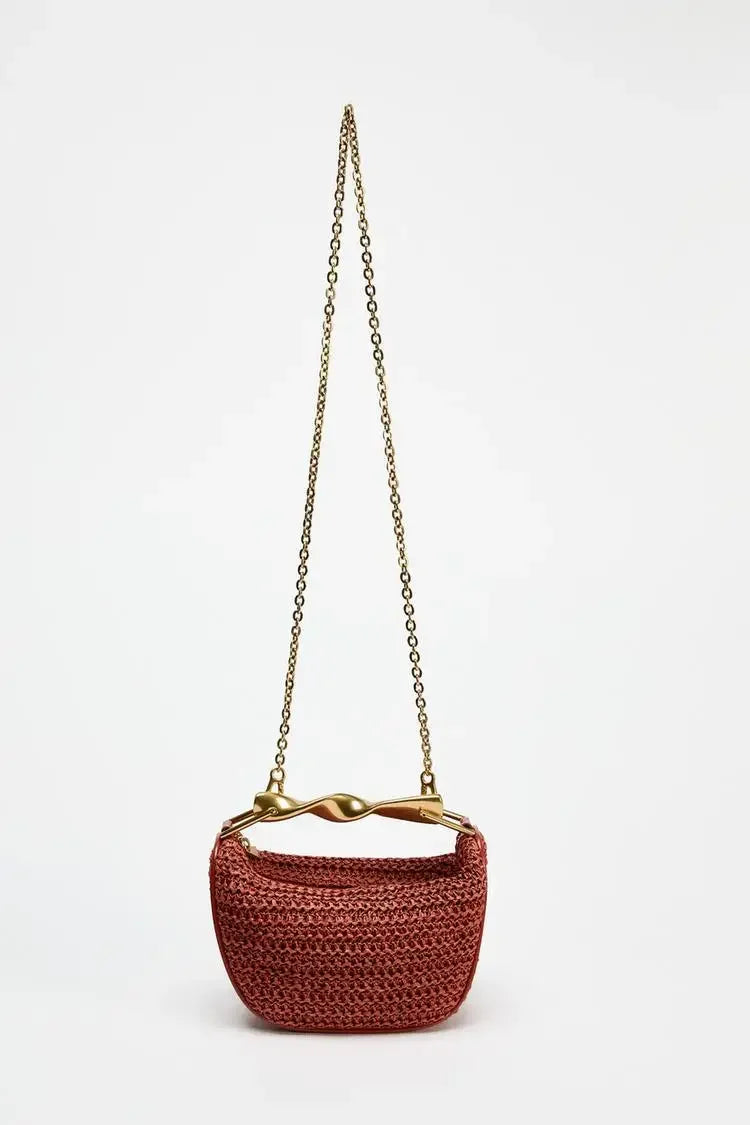 Affordable designer look straw purse, woven straw handbag for beach vacation, lightweight bag for brunch outfit, sculpted handle tote, bucket sling bag, raffia sling bag.