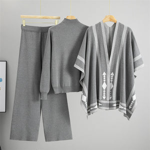 layered winter fashion, Affordable knitwear sets under $150, Instagram worthy cozy outfits, Chic knit set for women sweater, pants, poncho combo as a cozy brunch outfit or stylish travel look with geometric poncho detail, knitted ponchos, cozy knitwear outfits.
